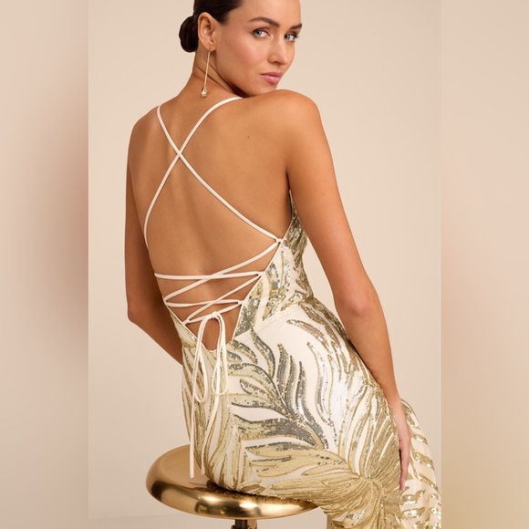 Lulus Sparkle 'til Dawn Gold Sequin Lace-up Mermaid Maxi Dress - Size S - Picture 4 of 4